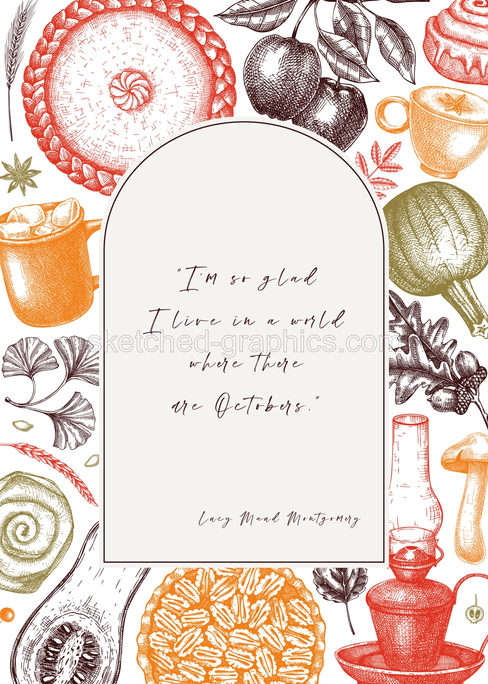 Autumn card or invitation. Hand-drawn vector illustration. Pumpkin, hot drink, fruit, pie, pastry, fall leaves sketches. Vintage fall design template. Thanksgiving background Illustration